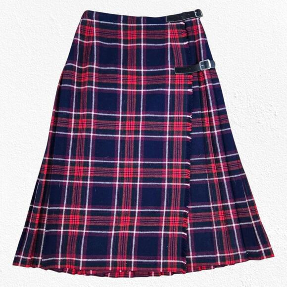90s Vintage Navy Red Tartan Archie Brown Scottish Tartan Wool Kilt Skirt Size 8 - Picture 1 of 8